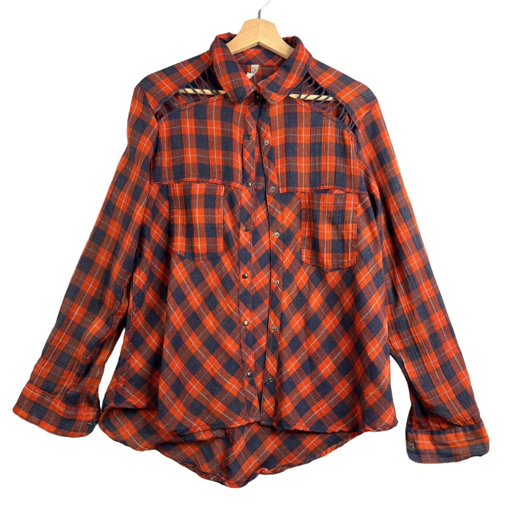 Free People Shirt Women's Size S 100% Linen Red Plaid print Shoulder Cutouts